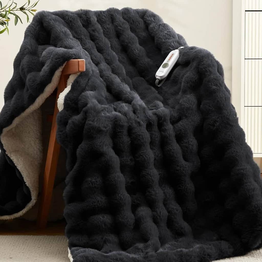 Dual Control Faux Fur Soft Bubble Electric Heating Blanket, Dark Grey