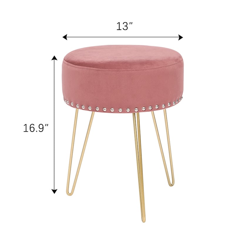Adeco Footstool Round Ottoman Velvet Dressing Stool Gold Metal Legs