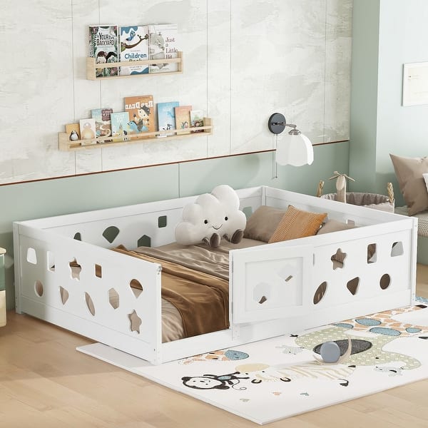 slide 2 of 12, Full Montessori Floor Bed with Guardrails & Door White