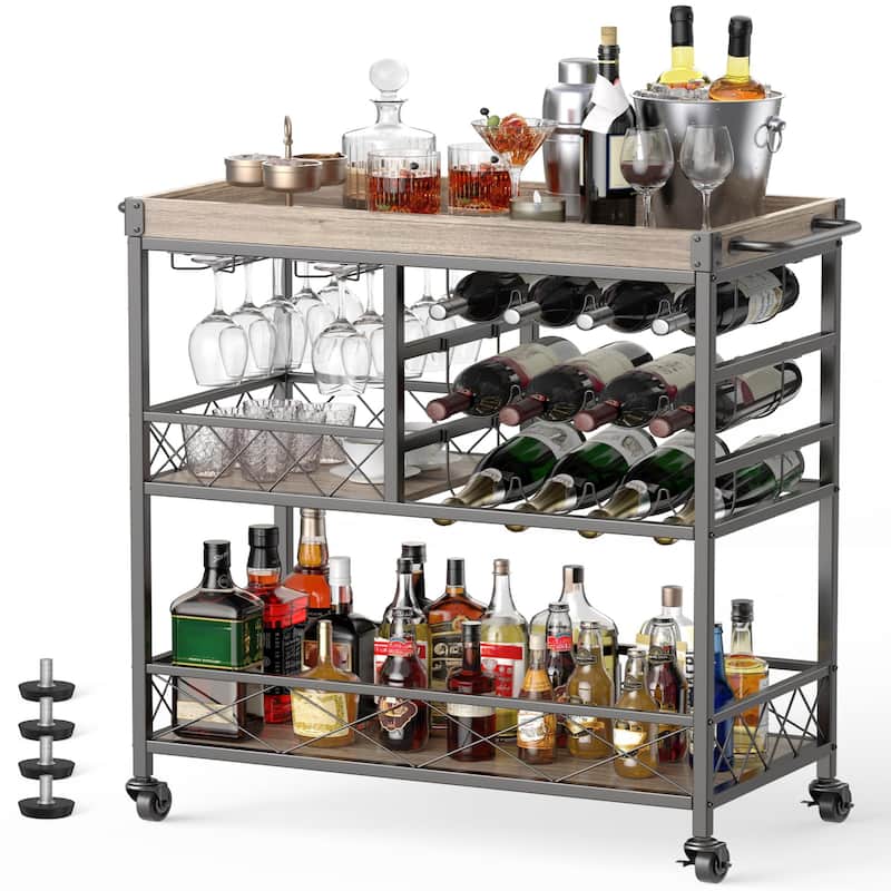 Bar Serving Cart, Bar Cabinet, Mobile Wine Cart with Lockable Wheels - Grey