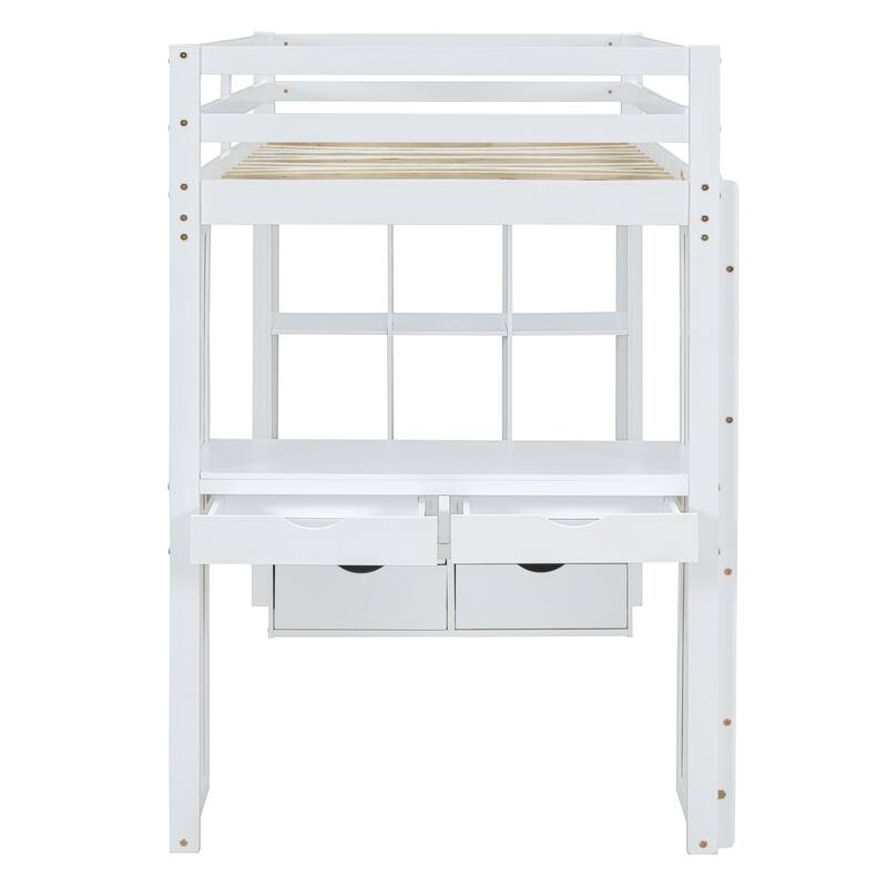 White Full Size Loft Bed with Shelves, Desk, and LED Light