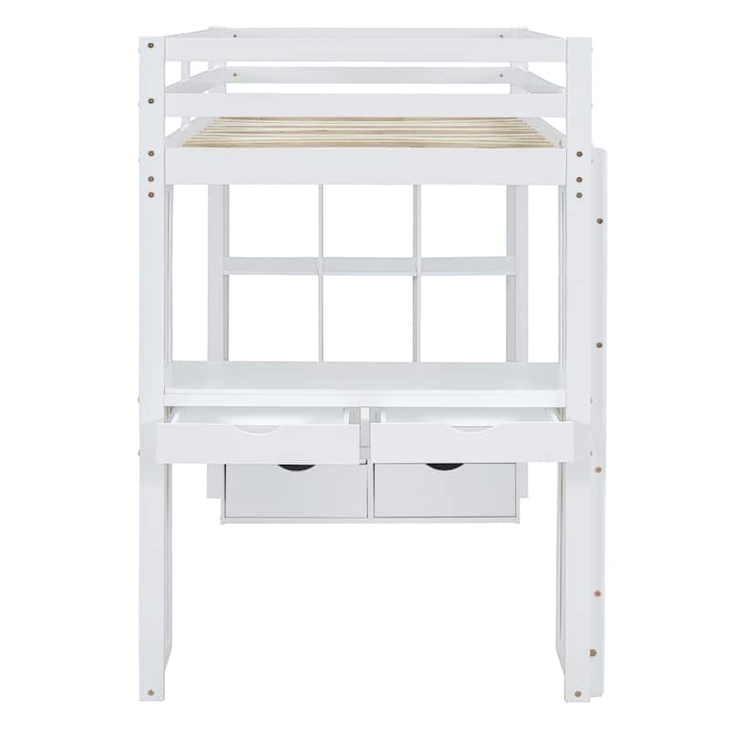 White Full Size Solid Wood Loft Bed with large shelves, writing desk and LED Light for Bedroom