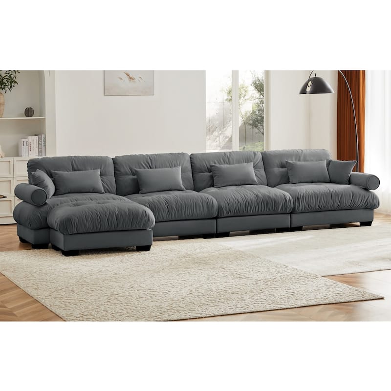 L-shaped Convertible Velvet Sectional Cloud Sofa with Ottoman & Pillows