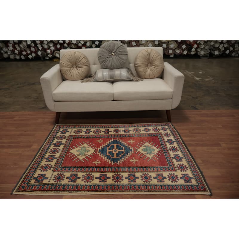 Hand Knotted Oriental 100% Wool Carpet Traditional Geometric Red Kazak Area Rug - 4' 11'' X 3' 8''