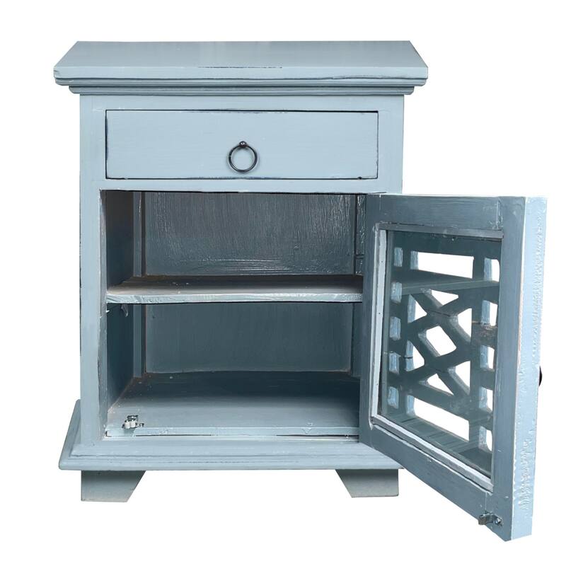 Solid Wood Side Table - Nightstand Accent Cabinet - Fully Assembled - Beach Blue Finish - 26