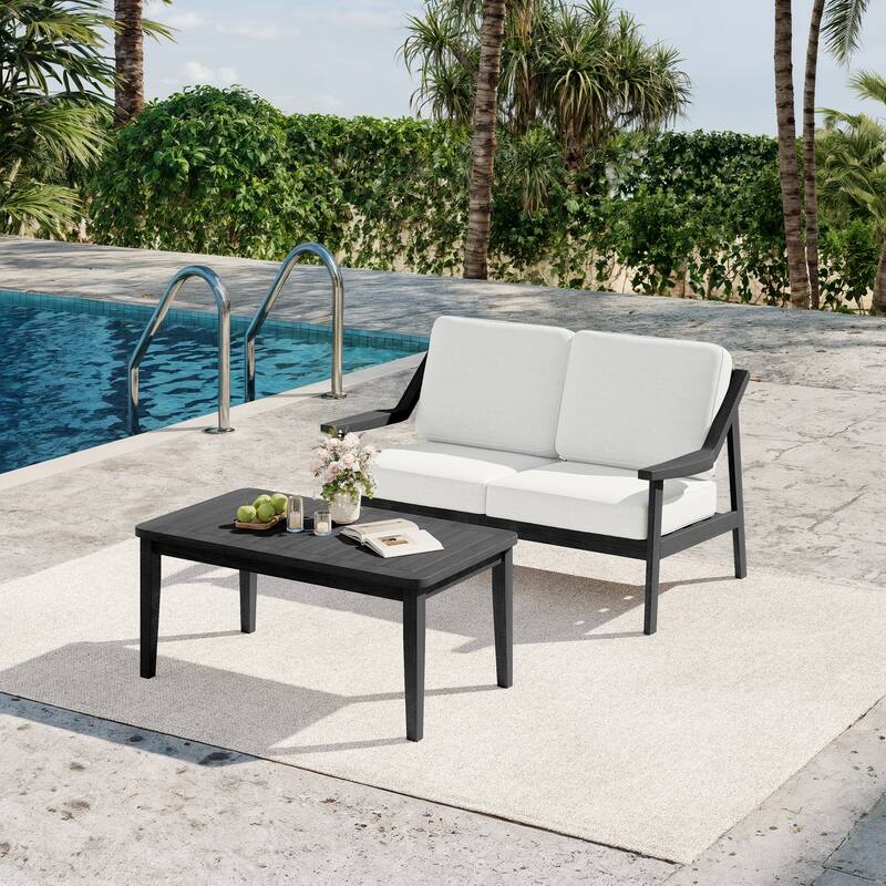 2-piece Brown/ Black Teak Cushioned Patio Loveseat Set with Coffee Table