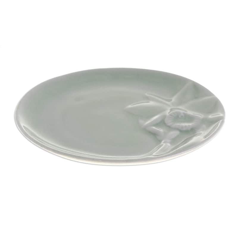 Novica Handmade Lanna Orchid Celadon Ceramic Dessert Plate