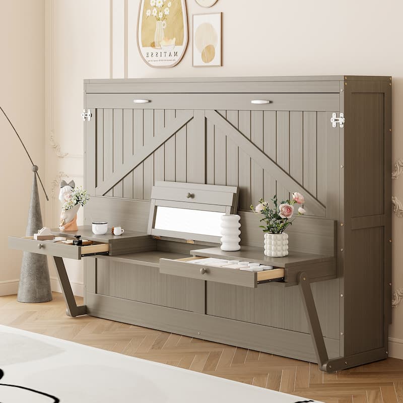 Space-Saving Queen Murphy Bed with Vanity Desk, Mirror & Storage Drawers in Distressed Gray - Gray