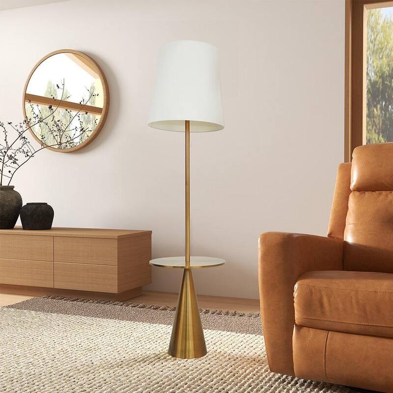 Celestial Modern Floor Lamp with Brass Accent Table with Large White Shade - Gold,White