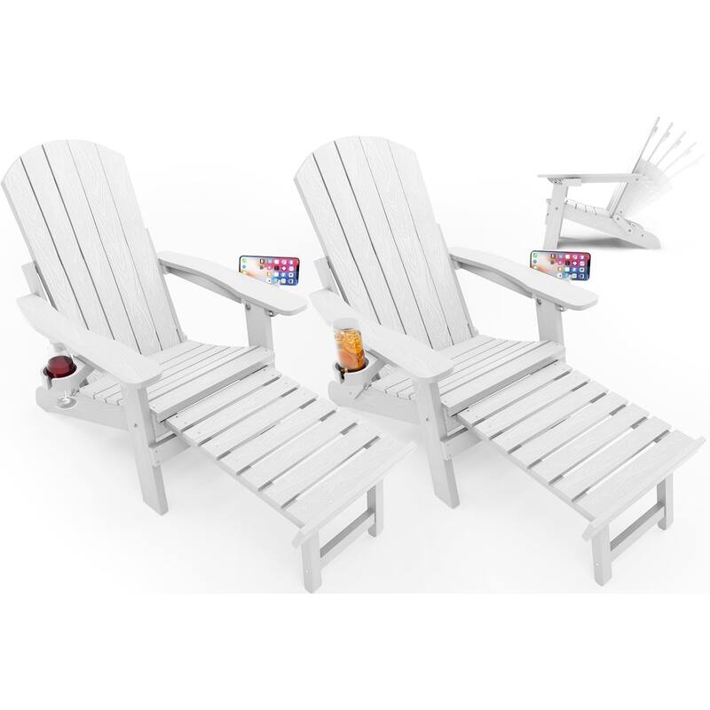 WINSOON Set of 2 HIPS Folding Adirondack Chair with Adjustable Backrest and Retractable Ottoman - White