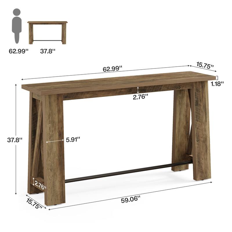 Bar Table, Counter Height Pub Table, 63" Rectangular High Top Kitchen Dining Tables for Dining Room, Living Room, Bistro