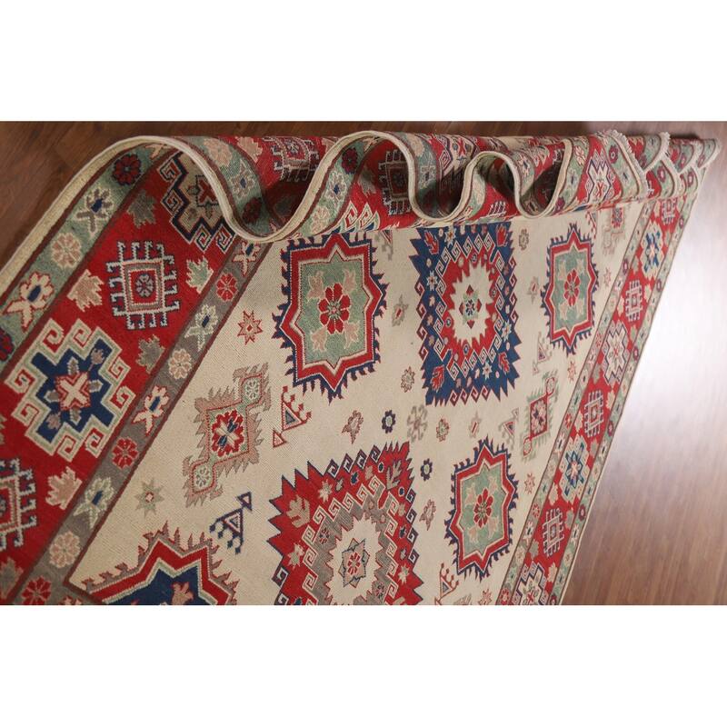Hand Knotted Oriental 100% Wool Carpet Traditional Geometric Beige & Ivories Kazak Area Rug - 9' 9'' X 6' 8''