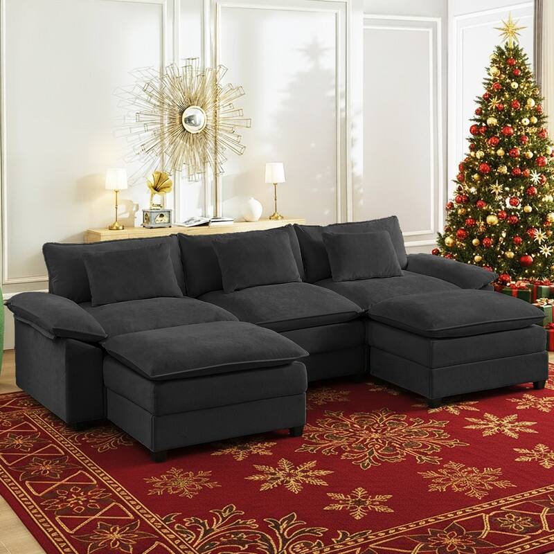 Modern 118'' U-Shaped Modular Sectional Sofa with 2 Ottomans, 5-Seat Cloud Couch, Modern Chenille Sofa Sleeper Deep Seat Couches - 3+2 - Dark Grey
