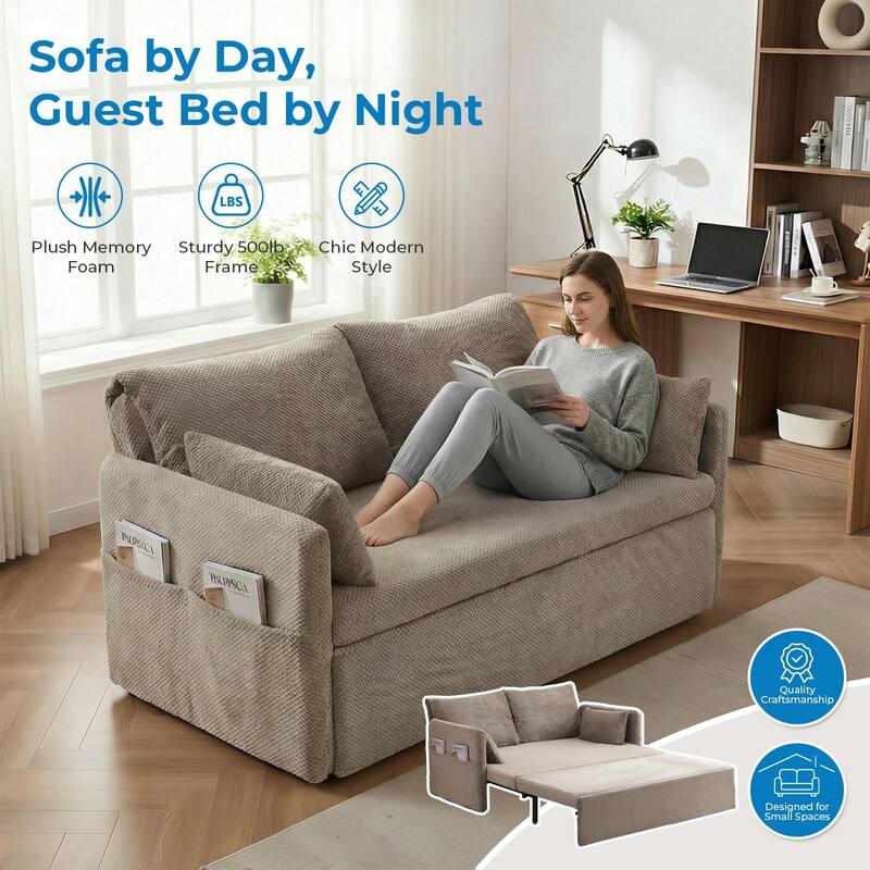 Mixoy Convertible Sofa Bed with Memory Foam Mattress, Queen Size, Beige/Grey, Adjustable Backrest
