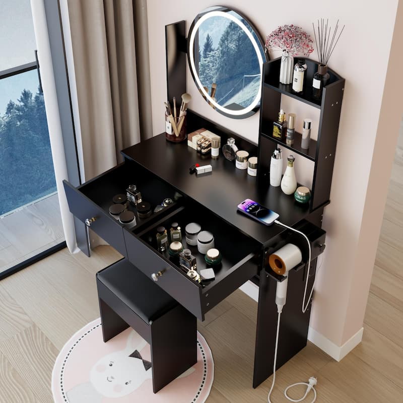 Vanity Desk with Adjustable LED Lighted Mirror, Makeup Vanity Table Set, Dresser Table with Power Outlet, Shelves & Drawers