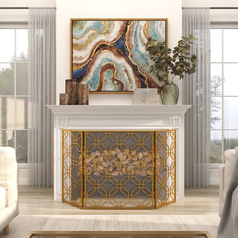 Gold Metal Foldable Mesh Netting 3 Panel Geometric Fireplace Screen