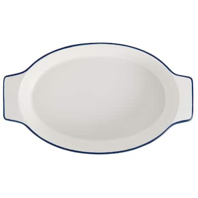 Denmark Tools for Cooks 15" x 9" Oval White Ceramic Baker w/ Blue Rim