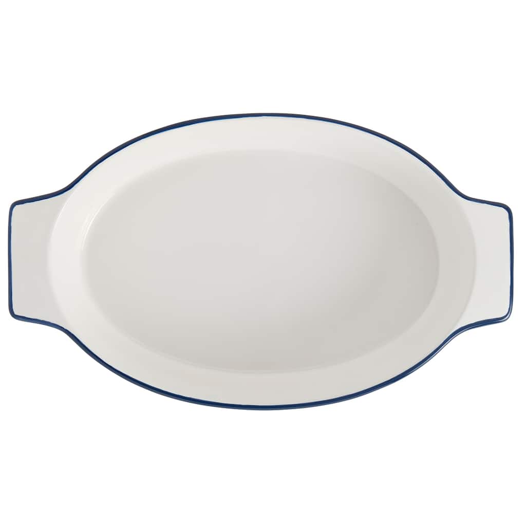 Denmark Tools for Cooks 15" x 9" Oval White Ceramic Baker w/ Blue Rim