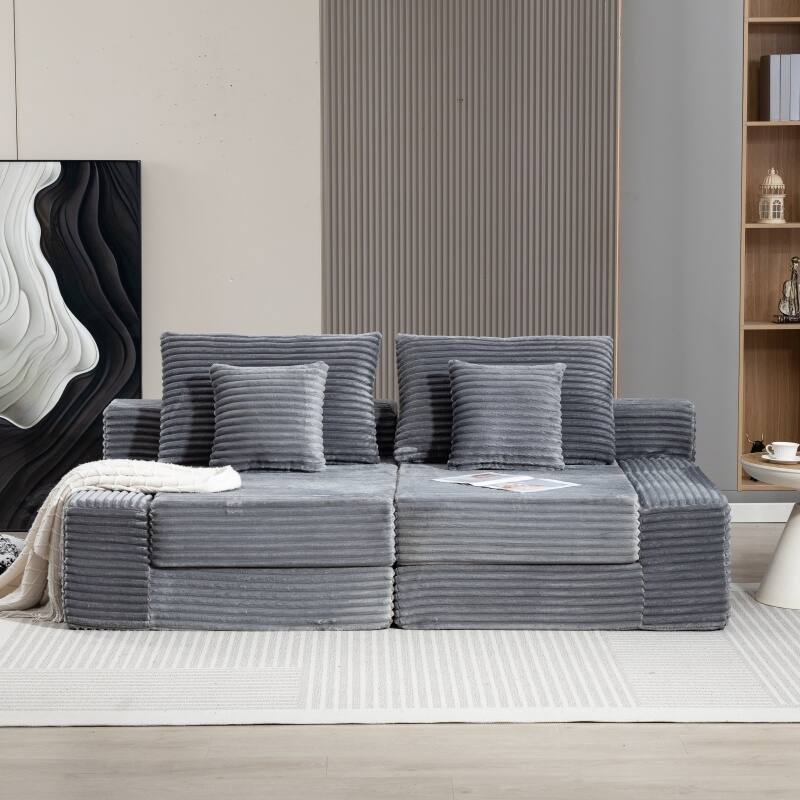 Cloud Double Lounge Chaise Sleeper Loveseat Sofa Chair Corduroy Upholstered Boneless Deep Seat Couch for Living Room Bedroom - Grey