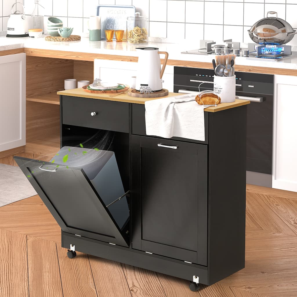 10-Gallon Double Tilt Trash Cabinet with 2 Storage Drawers - Rolling Trash Bin Cabinet with Extra Storage