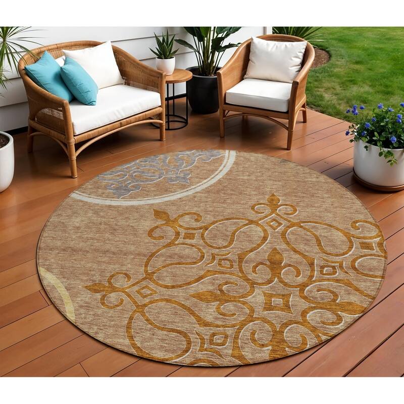 HomeRoots Floral Medallion Transitional Rectangle Outdoor Rug - 8' Round