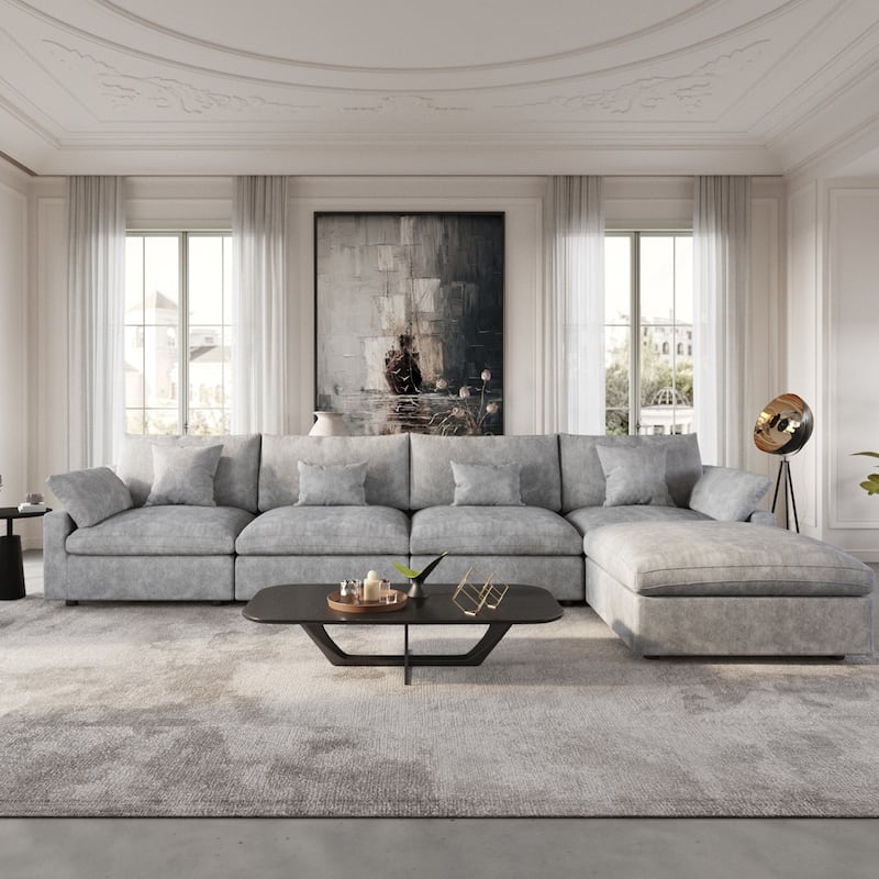 Modular Sectional Sofa Cloud Couch with Ottoman, 119'' L Shaped Linen Blend Fabric Minimalist Sectional Sofa for Living Room - 4+1(grey)