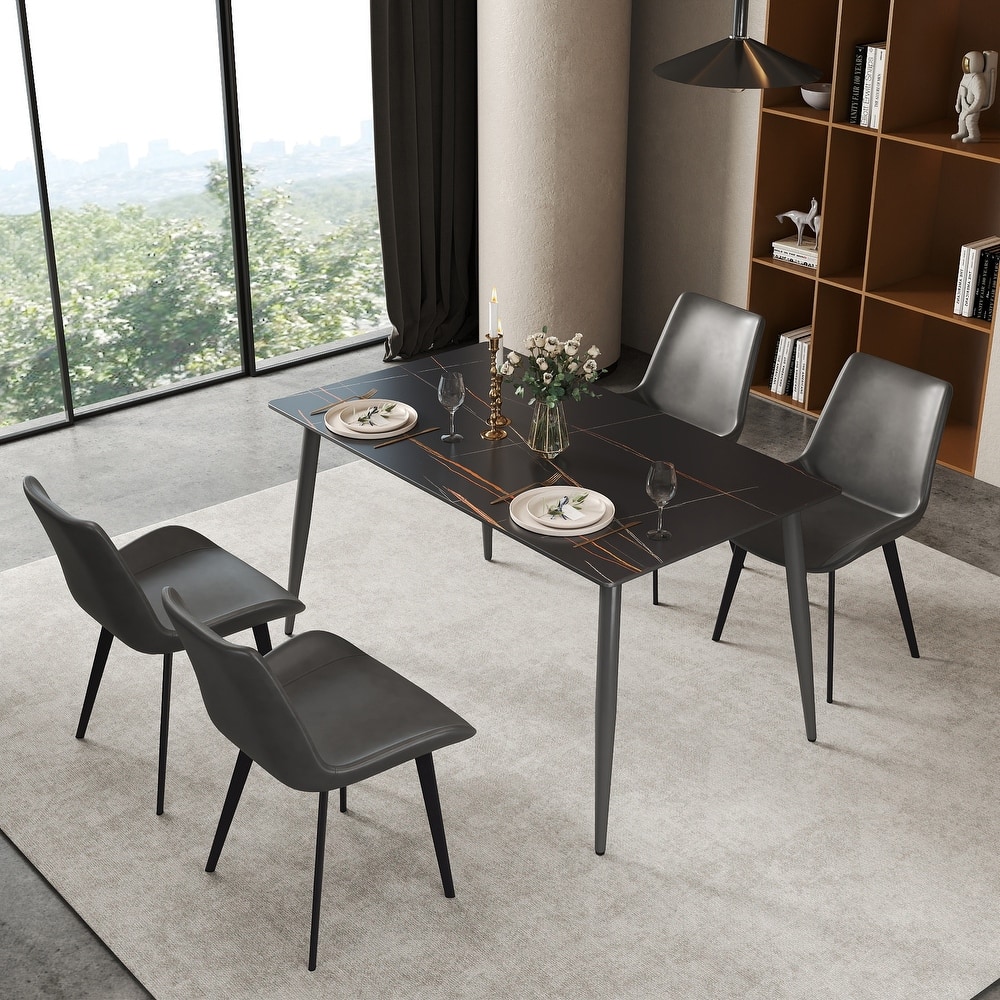 55'' Marble Dining Table for 4 People, Rectangle Marble Dining Table with Sintered Stone Tabletop and Metal Legs