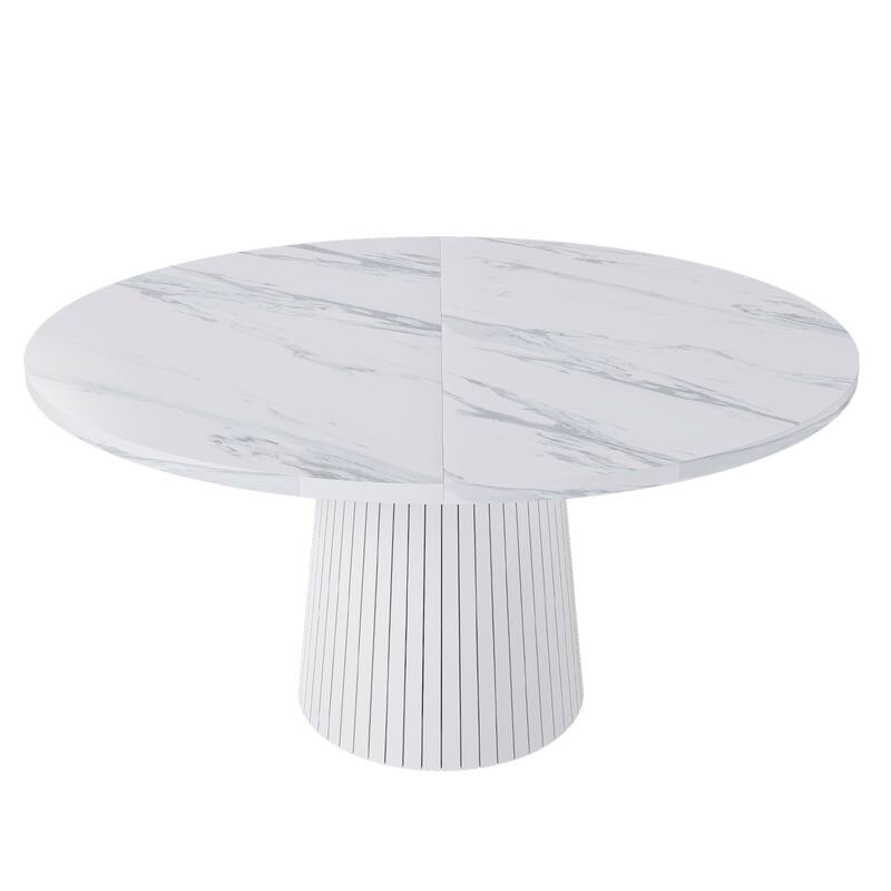 47 Inch Round MDF Dining Table for 4 - Modern Farmhouse Kitchen Table with Wood Strip Base