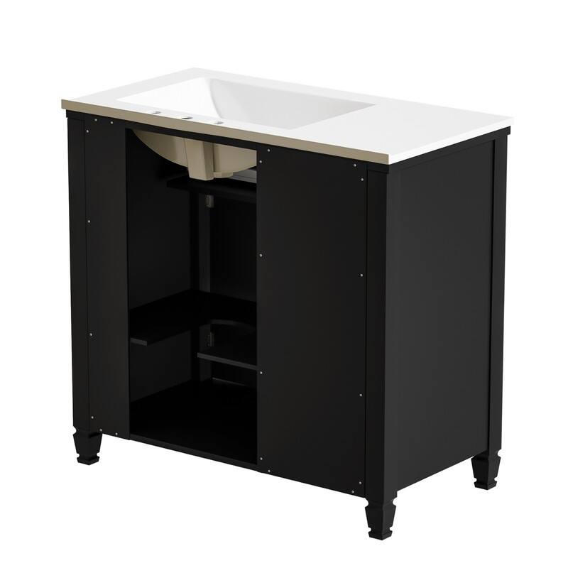 36" Bathroom Vanity w/ Ceramic Sink, Freestanding Bathroom Vanity Cabinet w/ 3 Side Drawers, 1 Tip-out Drawer & Adjustable Shelf