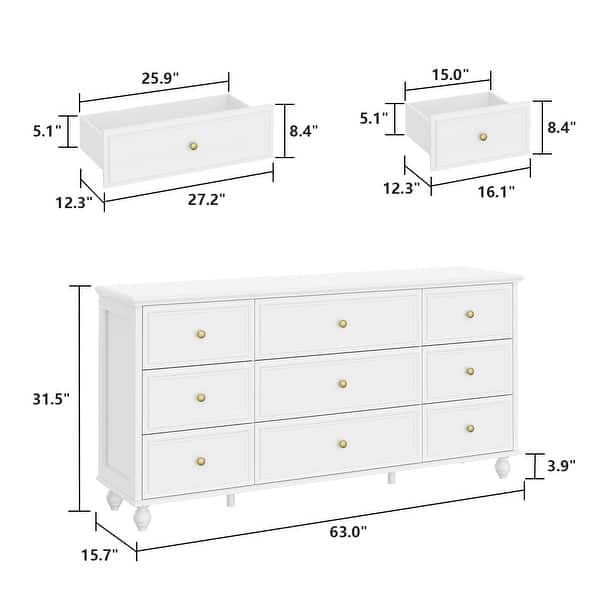 dimension image slide 2 of 5, Timechee 63'' W Dresser White Chest Srorage Cabinet Lacquer Drawers