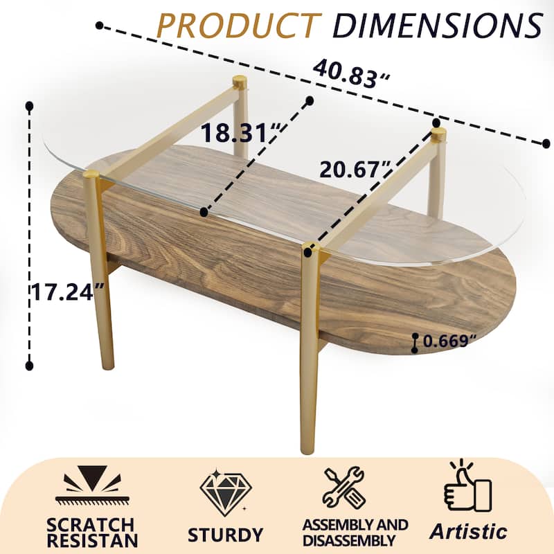 Oval Glass Coffee Table, 2-Tier Structure, Clear Glass Top and Walnut Finish Wood Shelf, Conical Legs with Gold Finish Frame