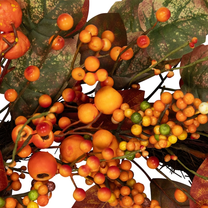 Mini Gourds and Berries Artificial Fall Harvest Wreath - 24" - Orange and Green - Unlit
