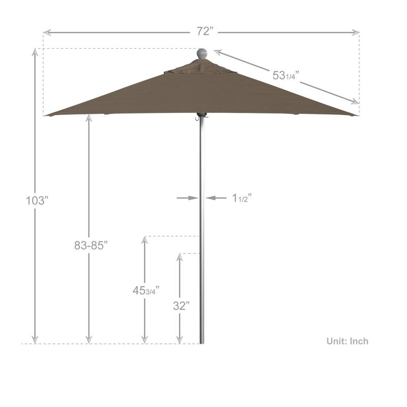 California Umbrella 6' Sq. Aluminum Frame, Fiberglass Rib Patio Umbrella, Push Open, Anodized Sliver Finish, Sunbrella Fabric
