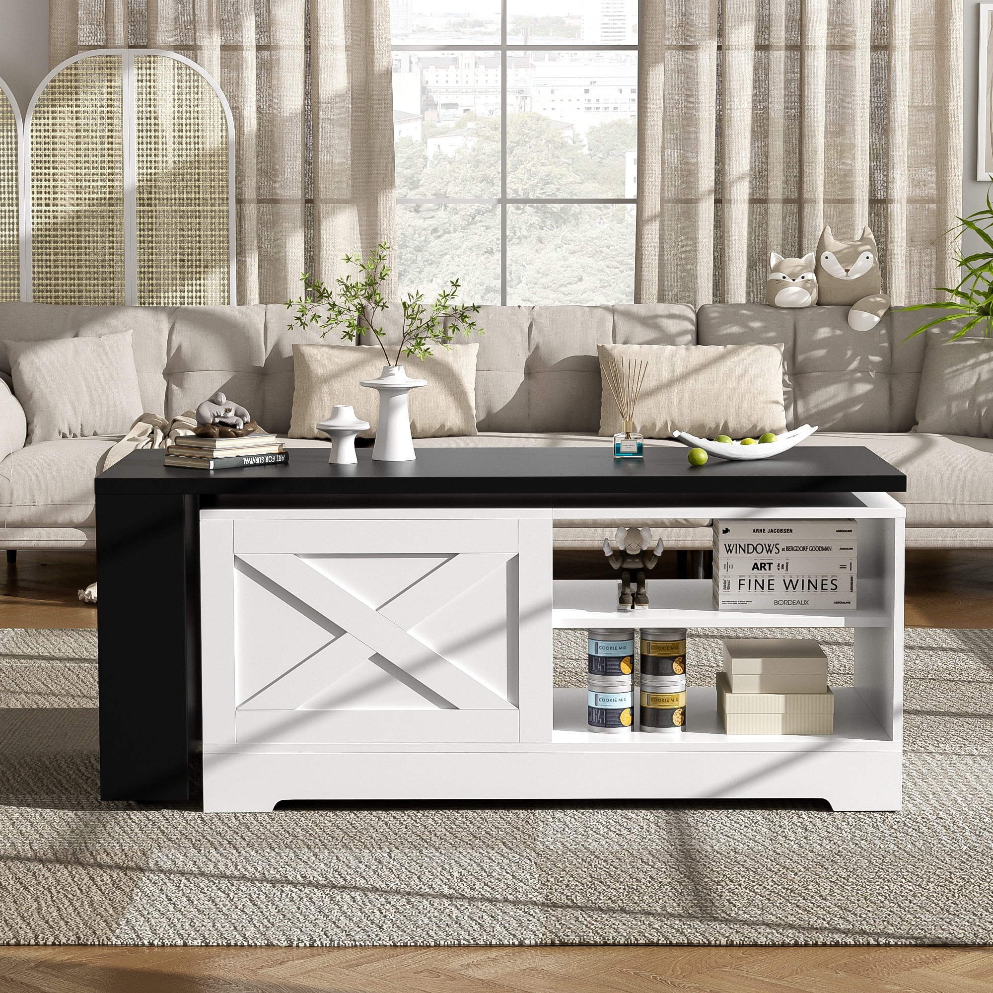 Farmhouse Lift Top Coffee Table with Barn Doors, White Black Center Table Cocktail Table Side Table with Cabinet