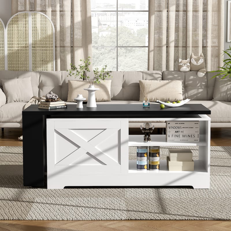 Farmhouse Lift Top Coffee Table with Barn Doors & Hidden Storage