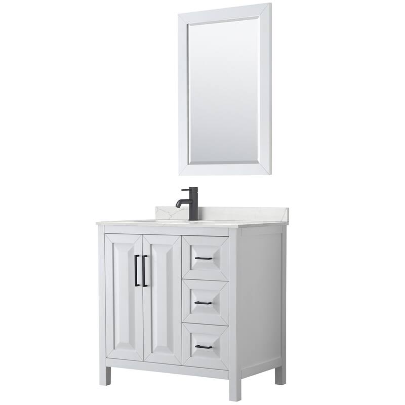 Daria 36-inch Single Vanity, Single Hole Quartz Top, 24-inch Mirror - White, Black Trim, Giotto Quartz Top