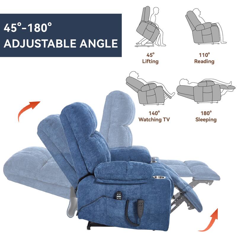 Dual Motor Chenille Power Lift Recliner Chair, Heavy Duty Motion Mechanism with Massage and Lumbar Heating, Dual Cup Holders