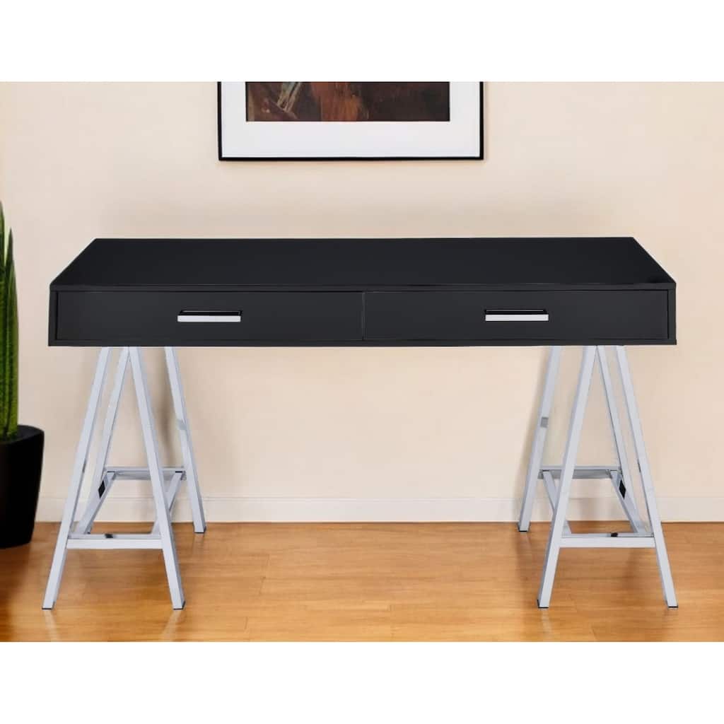 54" Black and Silver Writing Desk With Two Drawers