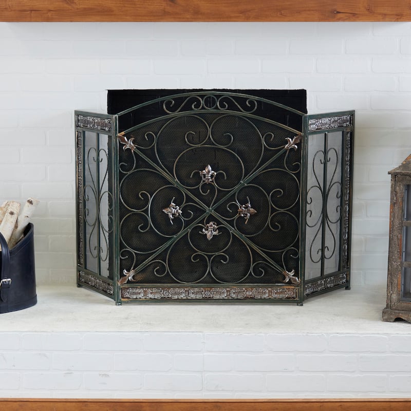 Metal Scroll 3 Panel Fireplace Screen with Fleur De Lis Accents - Black - Roche River Decor - 1"W x 52"L x 31"H