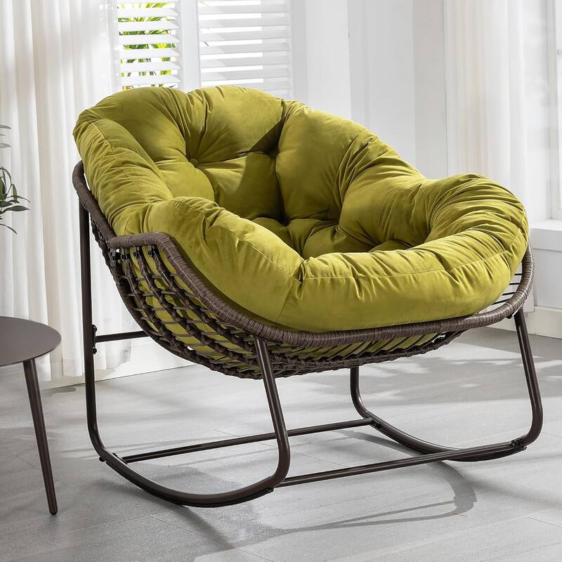 Outdoor Rattan Rocker Recliner Chair With Polyester Padded Cushion - Olive Green+Velevt