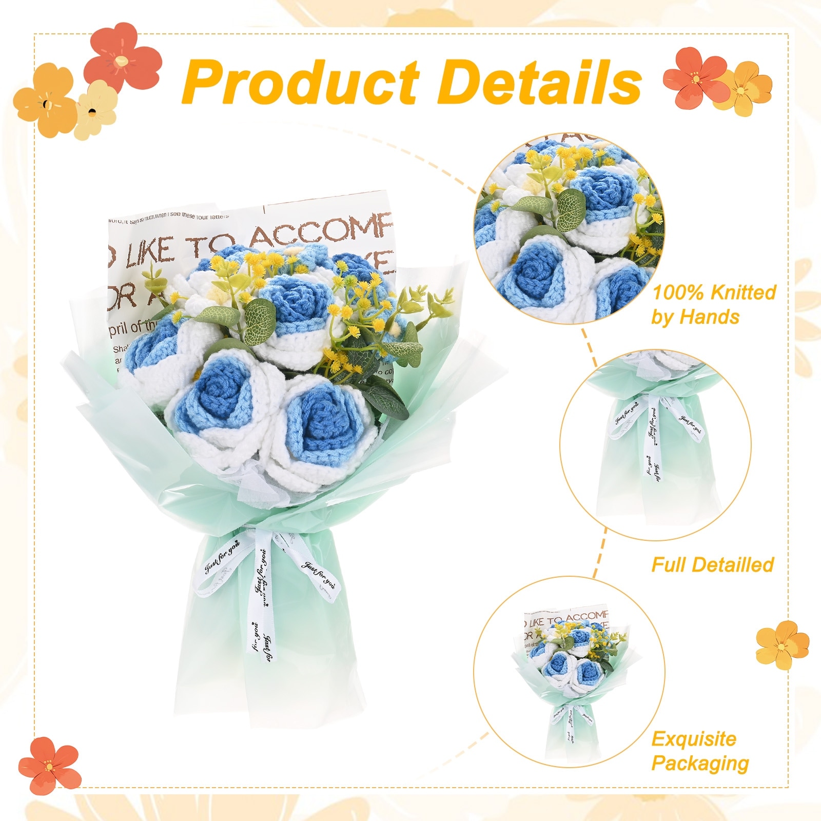 Crochet Flowers Bouquet, Handmade Knitted Bouquets Artificial Rose Mix Daisy with Gift Bag for DIY Home Decor/Birthday