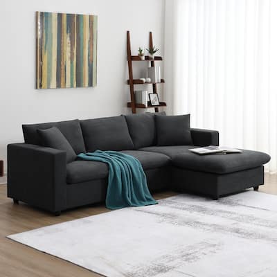 L-shaped Polyester Fabric Couch Set with 2 Free pillows and Convertible Ottoman