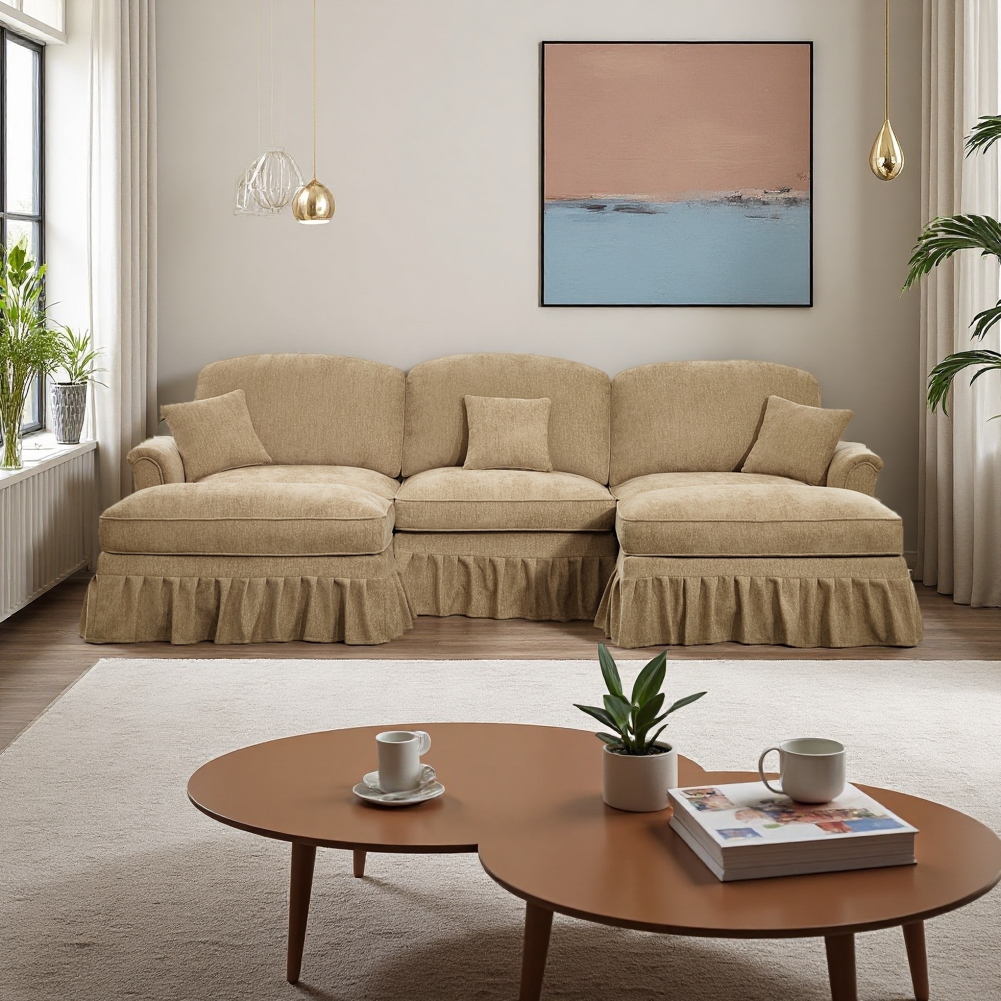 107.1" Chenille U-Shaped Modular Sectional Sofa with Flared Arms, Removable Skirt and Movable Ottomans (3-Seater)