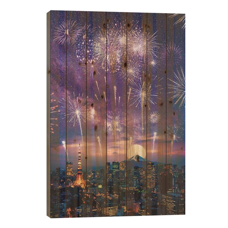 Fireworks In The Sky And Mount Fuji In Japan Print On Wood by GEN Z - Multi-Color - 40x26x1.5