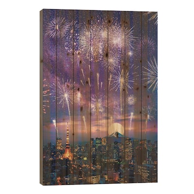 Fireworks In The Sky And Mount Fuji In Japan Print On Wood by GEN Z - Multi-Color