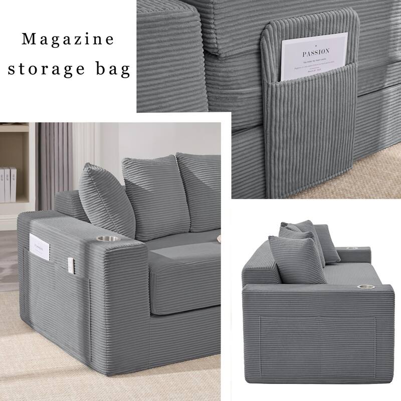 Convertible Corduroy Sleeper Loveseat Sofa Bed 3 Seater Floor Folding Couch with 5 Pillows, Cup Holders and Side Pockets