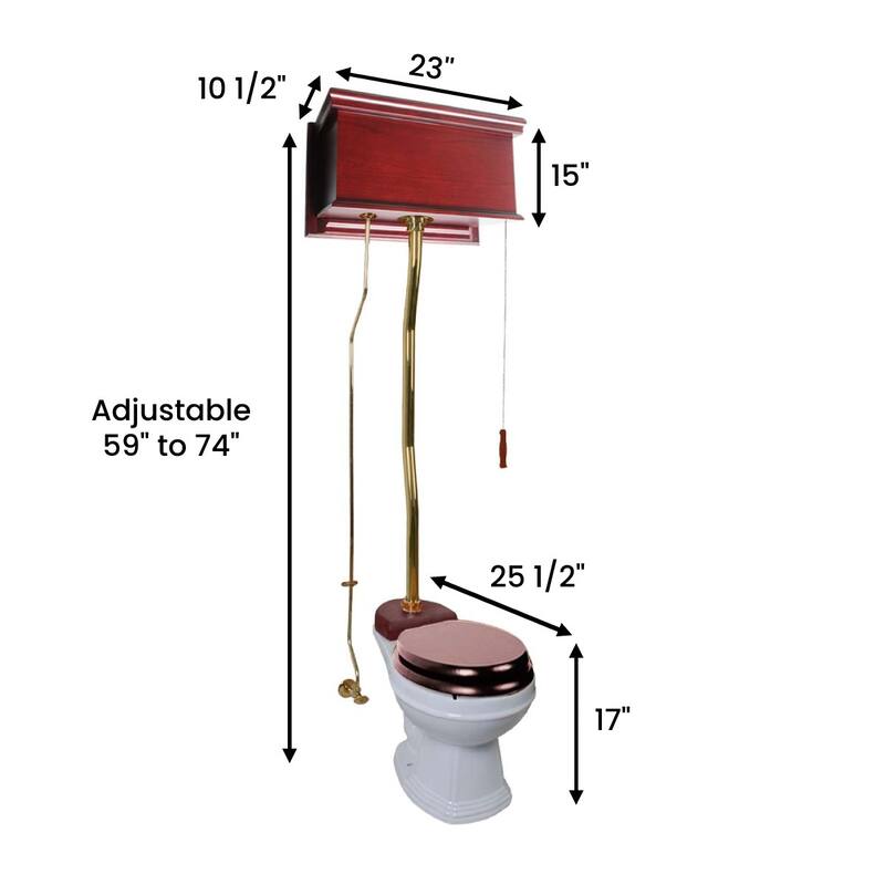 Cherry Wooden High Tank Toilet Flat Tank, Brass PVD Z Pipe and Round White Bowl