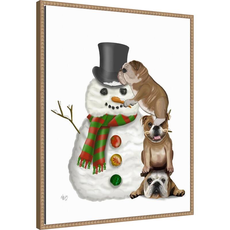 Christmas English Bulldogs Building Snowman by Fab Funky (23 x 28 in.), Framed Canvas Wall Art Print