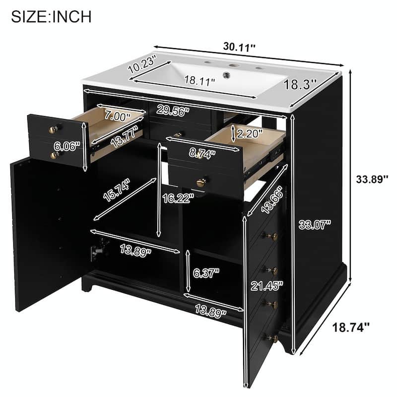 30'' Bathroom Vanity with Ceramic Sink Combo, Solid Wood Frame Bathroom Storage Cabinet