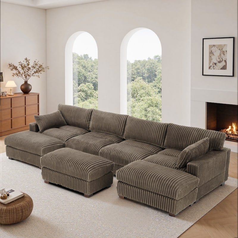 Oversied Plush Corduroy Fabric Modular Sectional Sofa with Chaise, Ottoman - Left Facing - Light Brown-6 Pieces